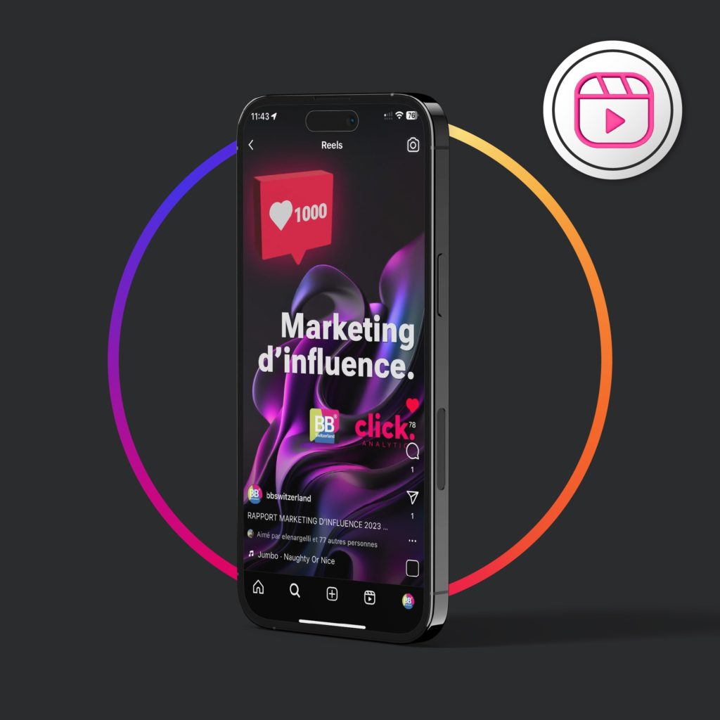 Téléphone portable avec une capture d'écran d'un reel Instagram de l'Agence BB® Switzerland sur le marketing d'influence.